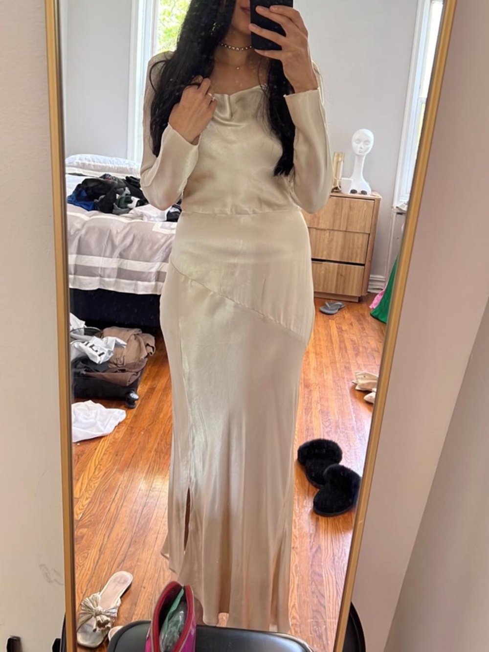 Bec & Bridge Ivory Satin Long Sleeve Maxi Dress with Thigh Slit - Picture 6 of 6